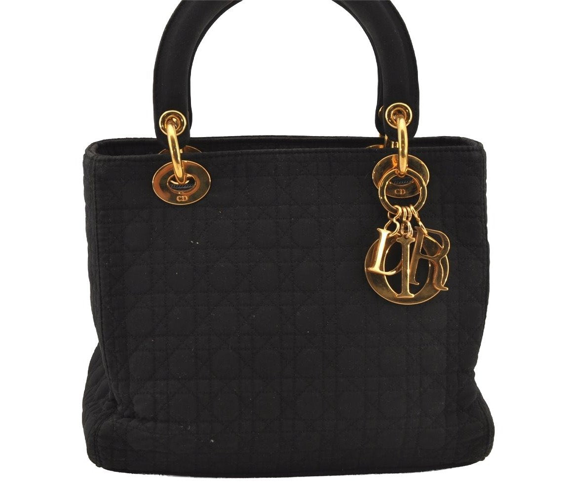 Authentic Christian Dior Lady Dior Nylon Cannage Hand Bag Black CD Junk 5908J