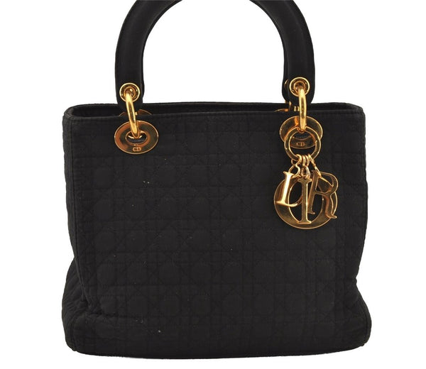 Authentic Christian Dior Lady Dior Nylon Cannage Hand Bag Black CD Junk 5908J