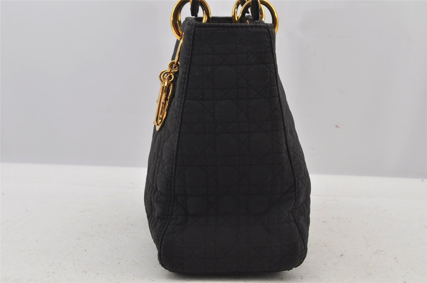 Authentic Christian Dior Lady Dior Nylon Cannage Hand Bag Black CD Junk 5908J