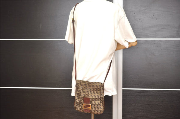 Authentic FENDI Zucchino Mamma Baguette Shoulder Bag Canvas Leather Brown 5911I