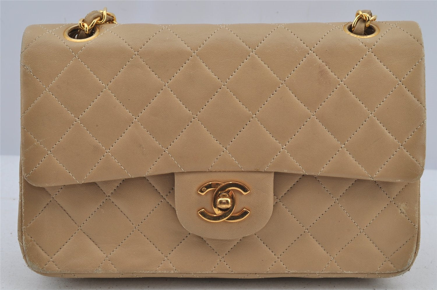 Authentic CHANEL Calf Skin Matelasse 23 Chain Shoulder Bag Purse Beige CC 5913J