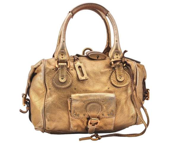 Authentic Chloe Vintage Paddington Leather Hand Boston Bag Gold 5918K