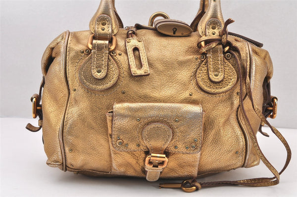 Authentic Chloe Vintage Paddington Leather Hand Boston Bag Gold 5918K