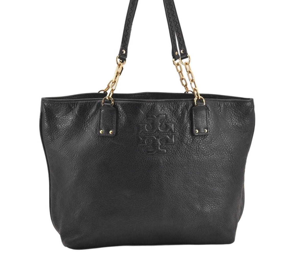 Authentic TORY BURCH Vintage Marion Chain Shoulder Tote Bag Leather Black 5922K