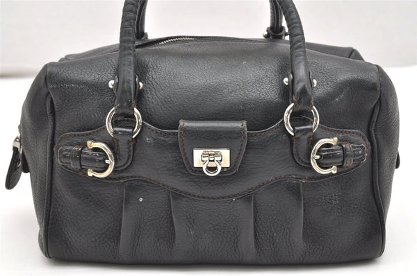 Authentic Salvatore Ferragamo Gancini Leather 2Way Shoulder Hand Bag Black 5924K