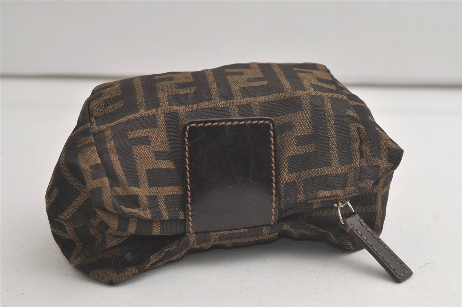 Authentic FENDI Vintage Zucca Pouch Purse Nylon Leather Brown 5928K