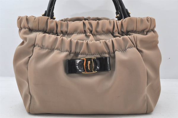 Auth Salvatore Ferragamo Vara Ribbon Nylon Enamel 2Way Hand Bag Beige SF 5930K