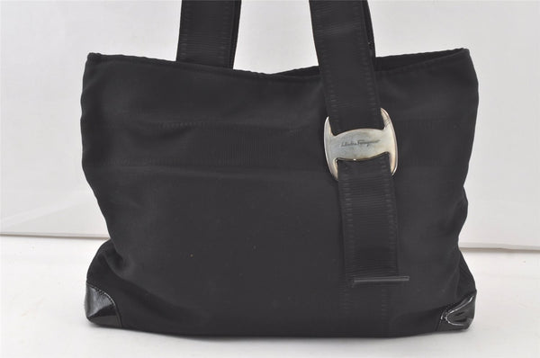 Authentic Salvatore Ferragamo Vara Canvas Enamel Shoulder Tote Bag Black 5932K