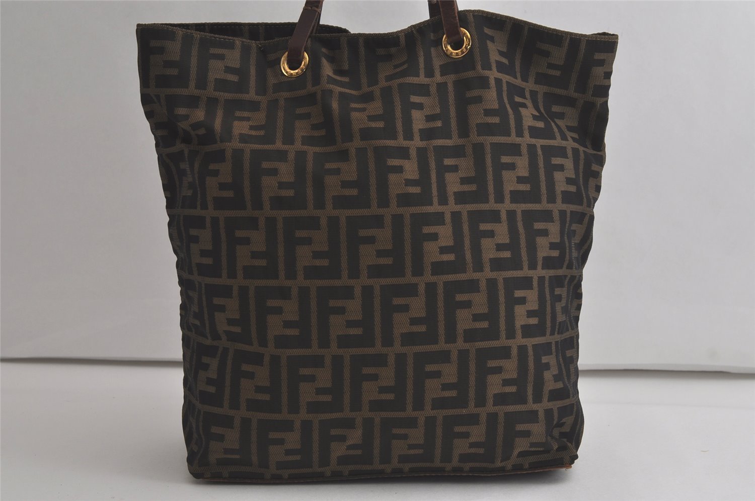 Authentic FENDI Vintage Zucchino Shoulder Tote Bag Nylon Leather Brown 5935K