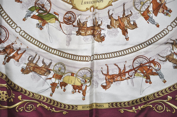 Auth HERMES Carre 90 Scarf "LA PROMENADE DE LONGCHAMPS" Silk Bordeaux Red 5941K