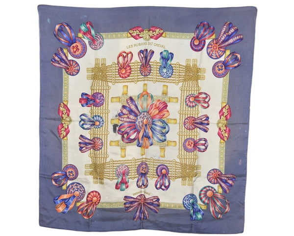 Authentic HERMES Carre 90 Scarf "LES RUBANS DU CHEVAL" Silk Navy 5944K