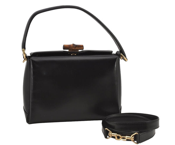 Authentic GUCCI Bamboo 2Way Shoulder Hand Bag Purse Leather Black 5946J
