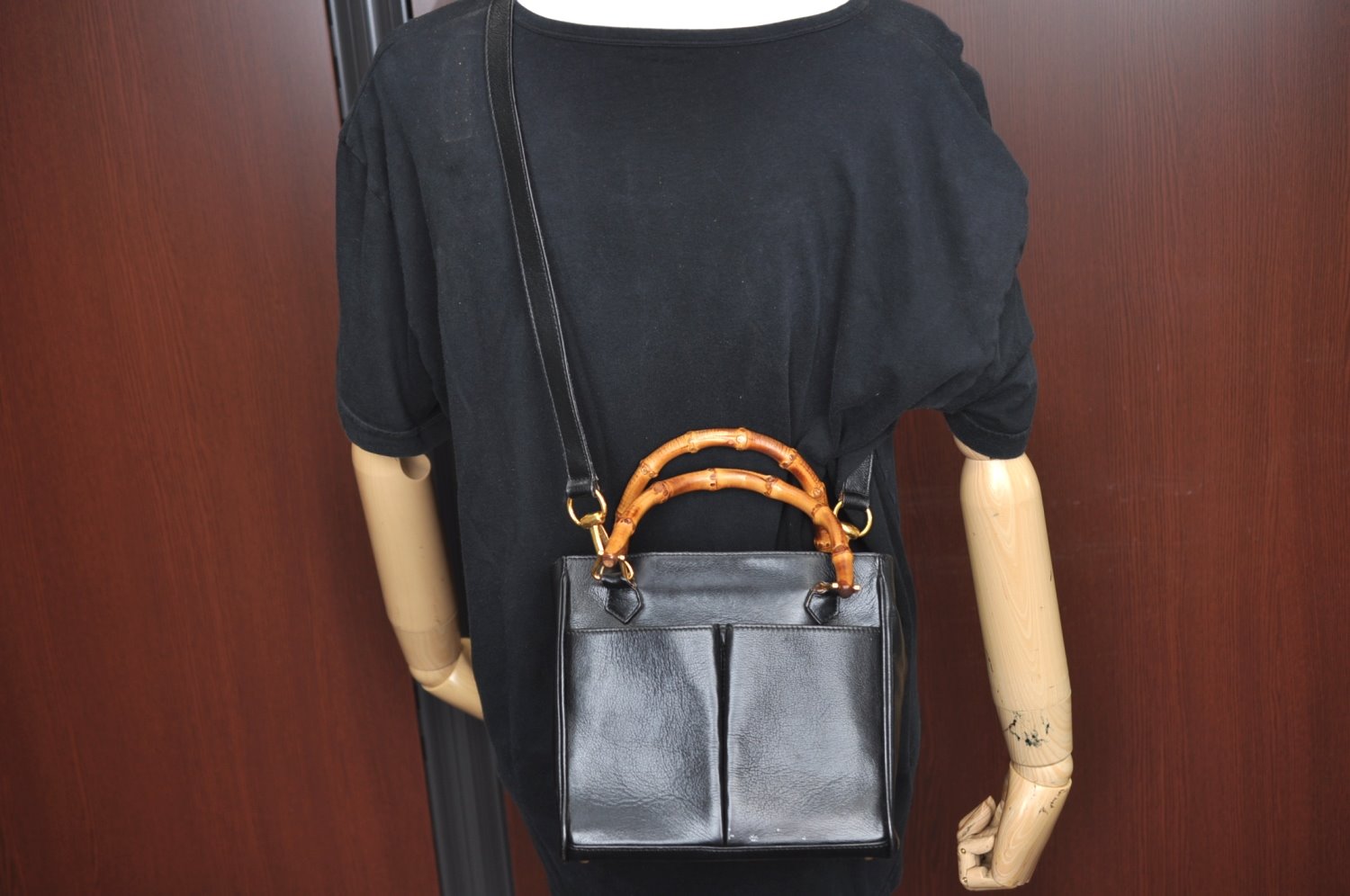 Authentic GUCCI Vintage Bamboo 2way Shoulder Hand Bag Purse Leather Black 5948H