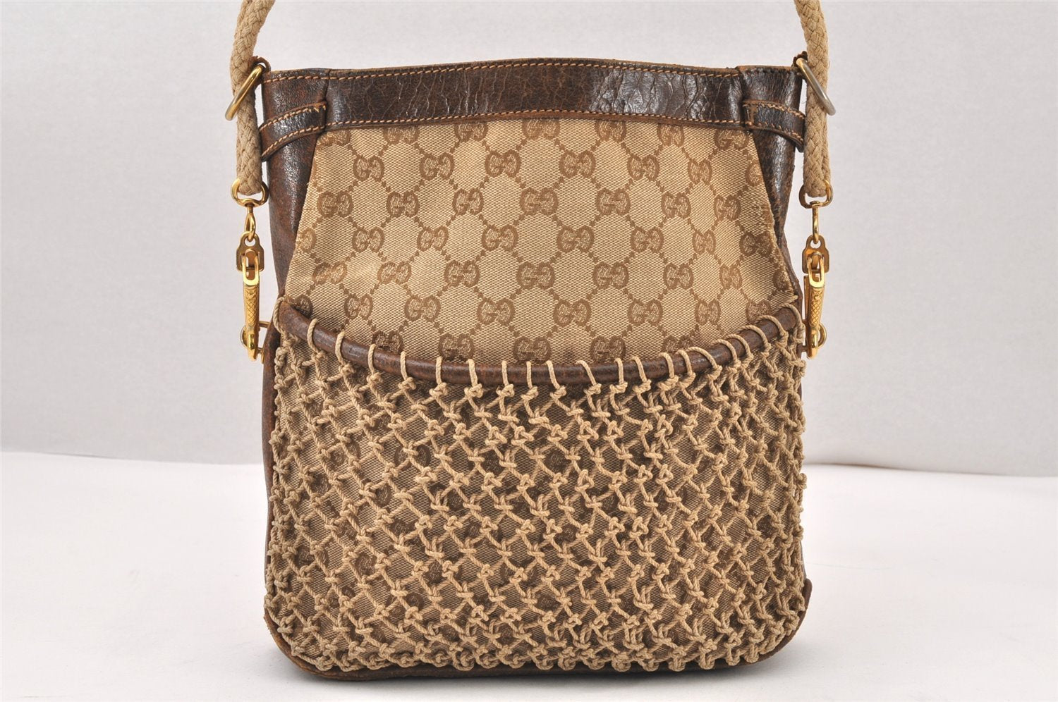 Authentic GUCCI Vintage Shoulder Hand Bag Purse GG Canvas Leather Brown 5950K