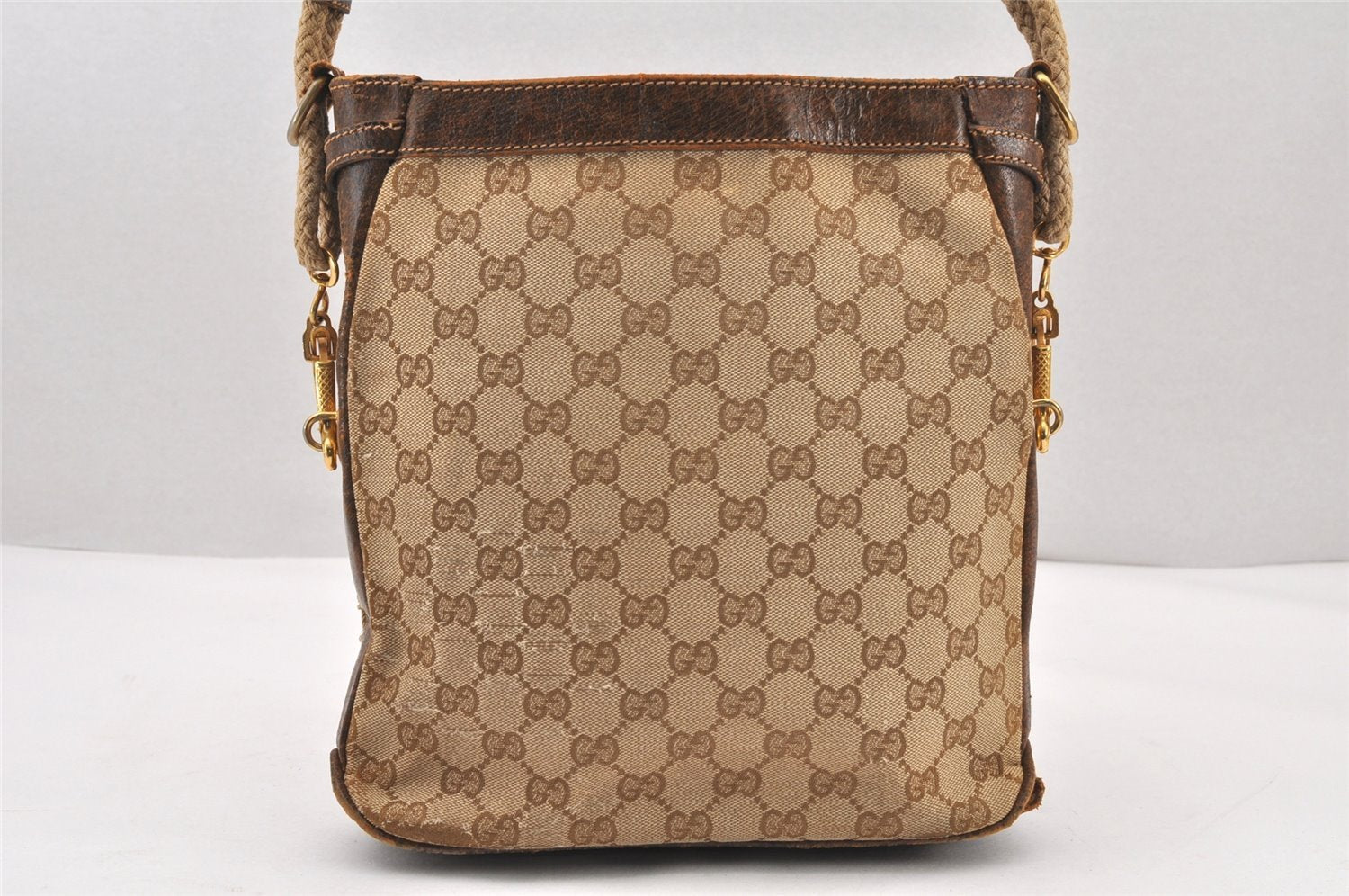 Authentic GUCCI Vintage Shoulder Hand Bag Purse GG Canvas Leather Brown 5950K