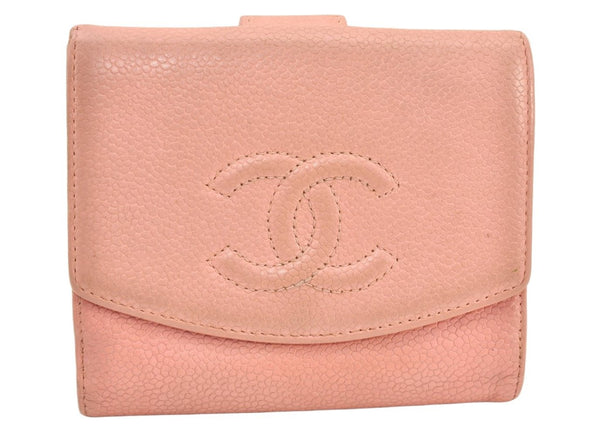 Authentic CHANEL Vintage Caviar Skin CC Logo Bifold Wallet Purse Pink 5952K