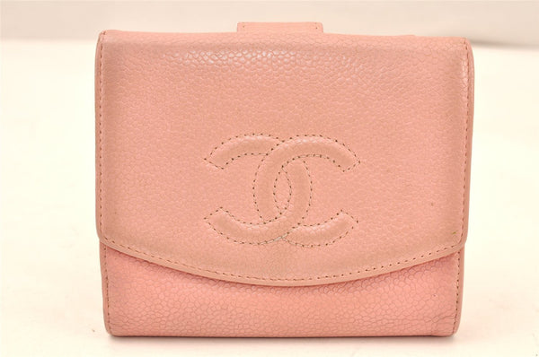 Authentic CHANEL Vintage Caviar Skin CC Logo Bifold Wallet Purse Pink 5952K