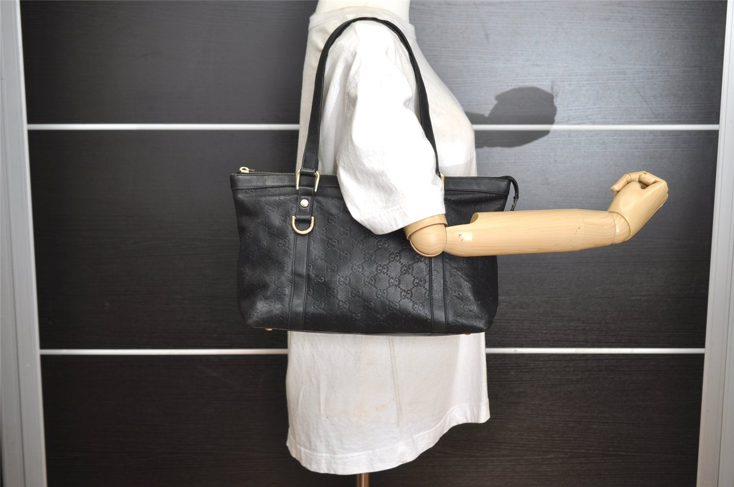 Authentic GUCCI Guccissima Abbey Shoulder Tote Bag GG Leather 141470 Black 5957I