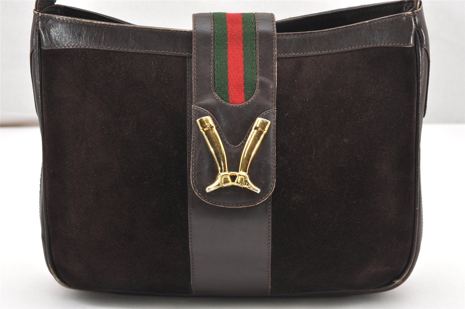 Authentic GUCCI Web Sherry Line Shoulder Cross Bag Suede Leather Brown 5957K