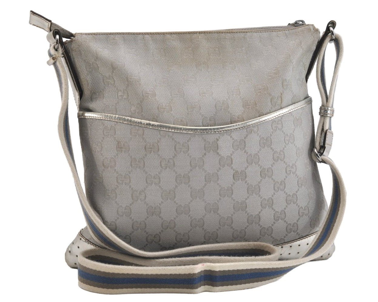 Authentic GUCCI Shoulder Cross Body Bag GG Canvas Leather 145857 Silver 5958J