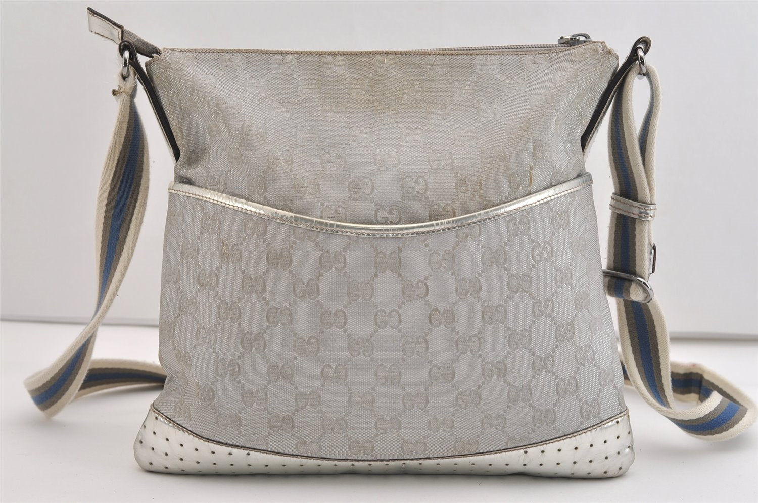 Authentic GUCCI Shoulder Cross Body Bag GG Canvas Leather 145857 Silver 5958J