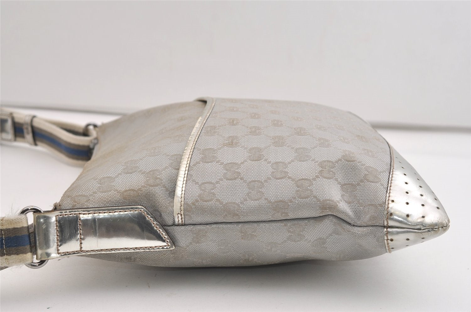 Authentic GUCCI Shoulder Cross Body Bag GG Canvas Leather 145857 Silver 5958J