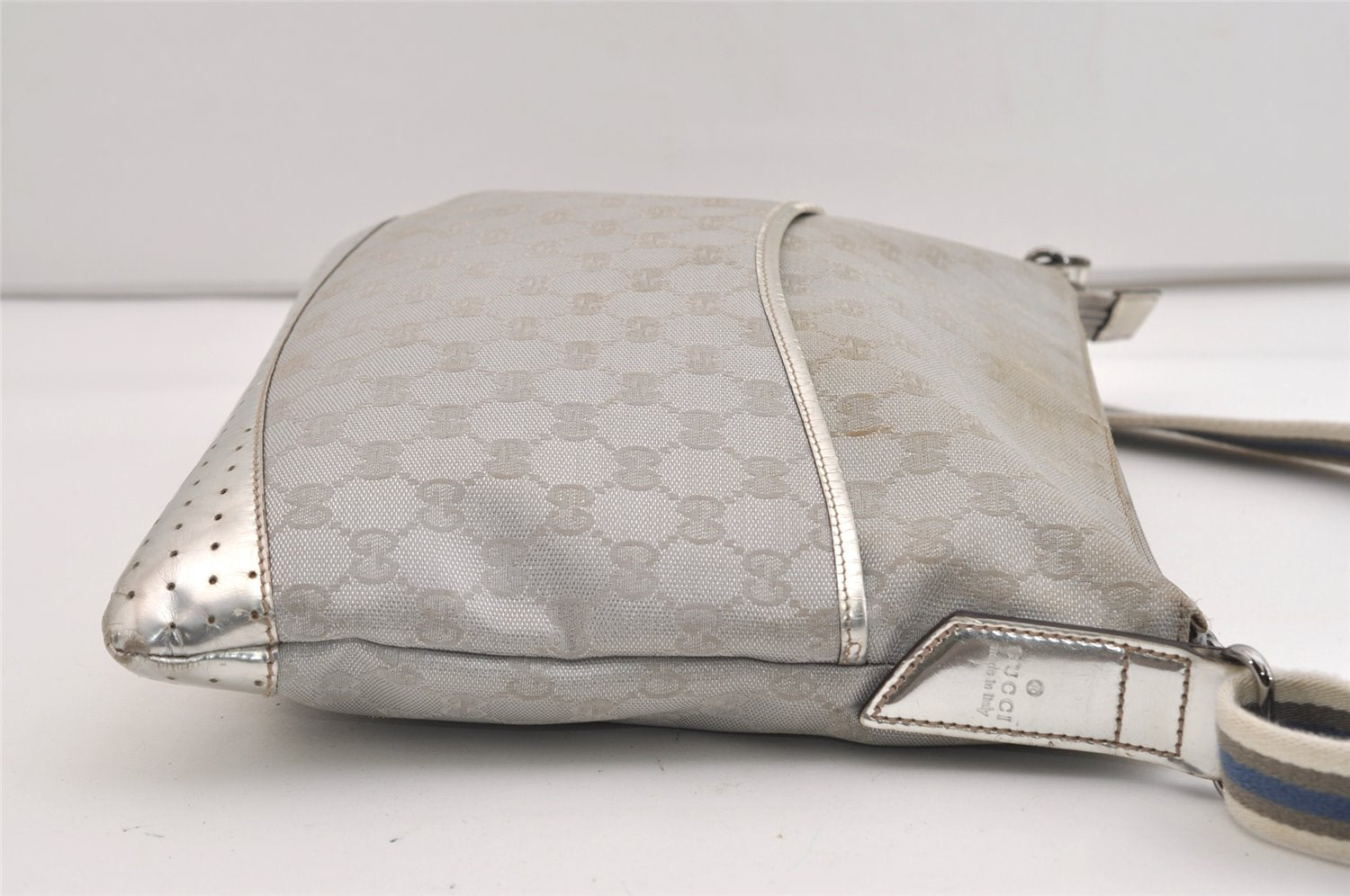 Authentic GUCCI Shoulder Cross Body Bag GG Canvas Leather 145857 Silver 5958J