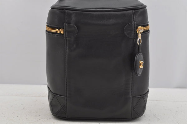 Authentic CHANEL Calf Skin Bicolore Vanity Hand Bag Purse Black CC Logo 5960J