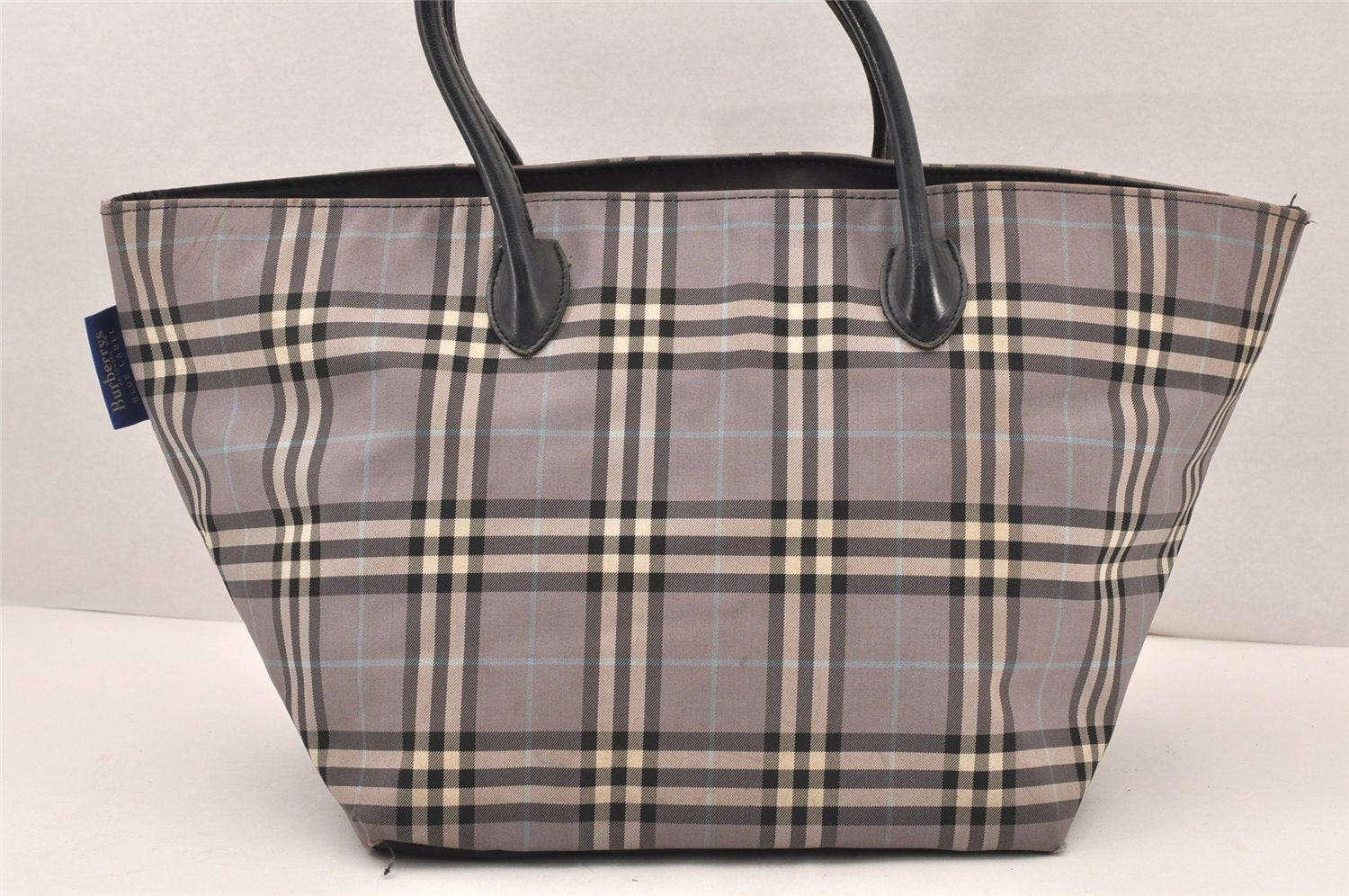 Authentic BURBERRY BLUE LABEL Check Hand Tote Bag Nylon Leather Gray 5961K