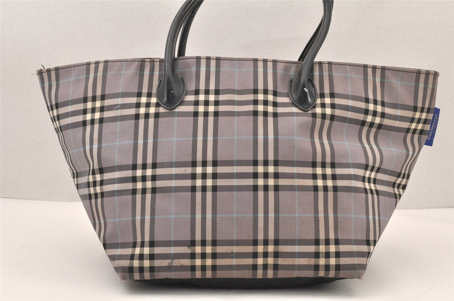 Authentic BURBERRY BLUE LABEL Check Hand Tote Bag Nylon Leather Gray 5961K