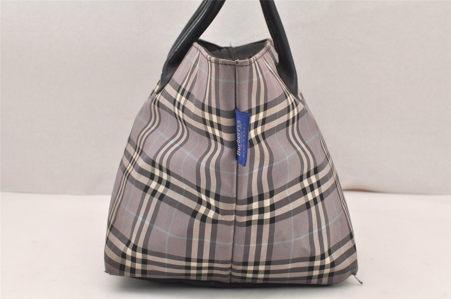 Authentic BURBERRY BLUE LABEL Check Hand Tote Bag Nylon Leather Gray 5961K