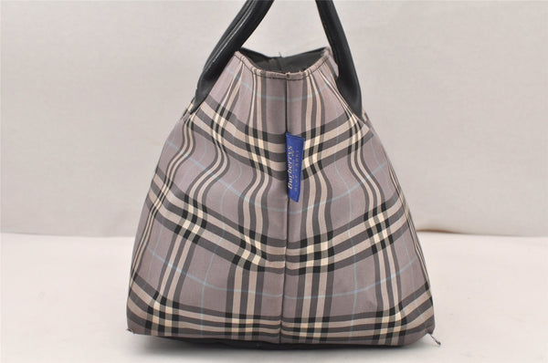 Authentic BURBERRY BLUE LABEL Check Hand Tote Bag Nylon Leather Gray 5961K