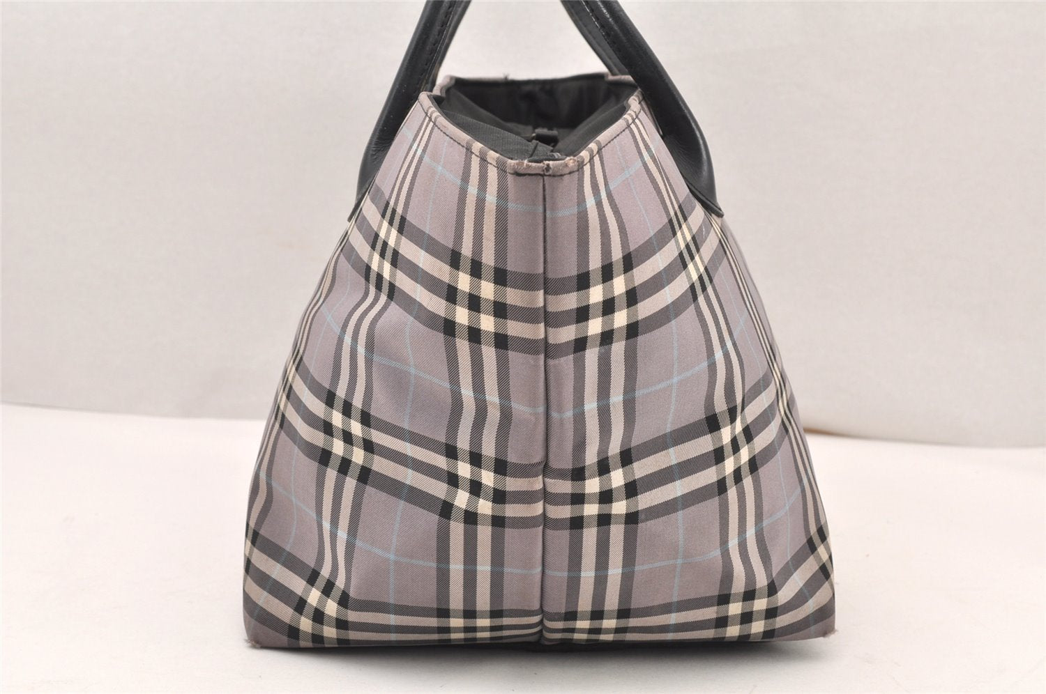 Authentic BURBERRY BLUE LABEL Check Hand Tote Bag Nylon Leather Gray 5961K