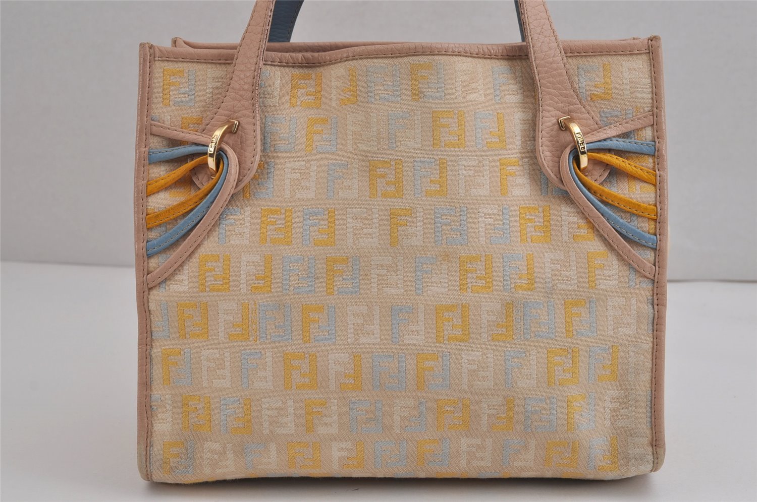 Authentic FENDI Vintage Zucchino Tote Hand Bag Canvas Leather Beige 5963J