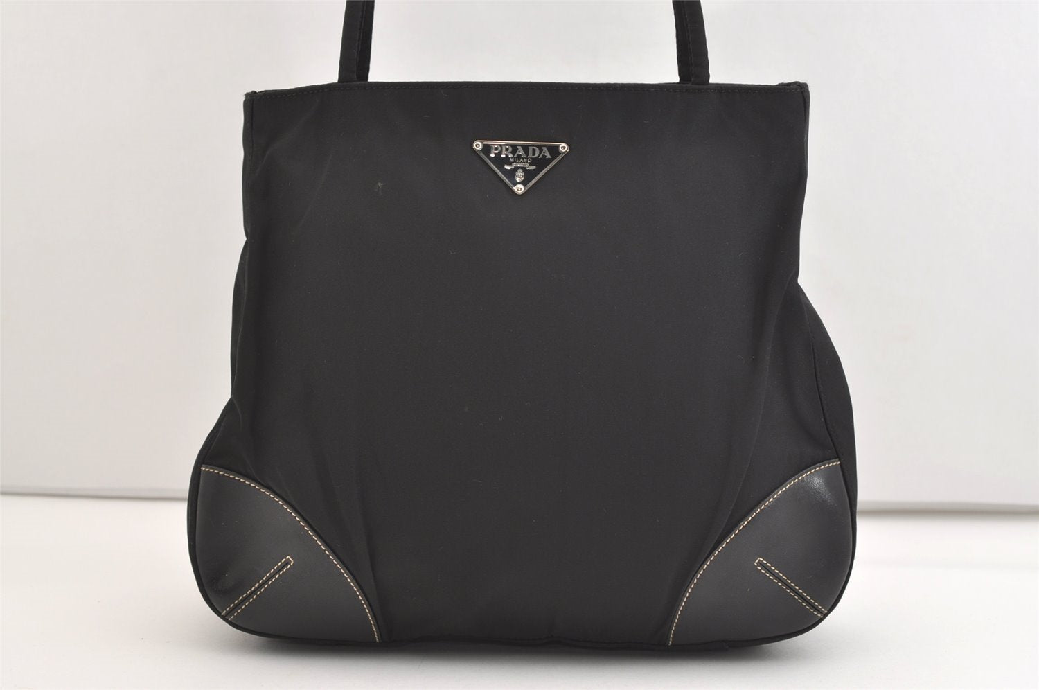 Authentic PRADA Vintage Nylon Tessuto Leather Shoulder Tote Bag Black 5969J
