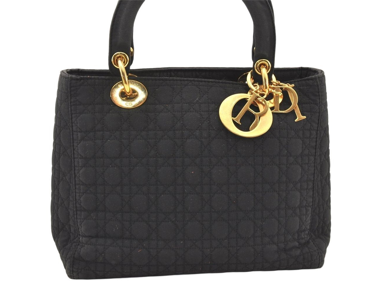 Authentic Christian Dior Lady Dior Canvas Nylon Hand Bag Purse Black CD 5969K