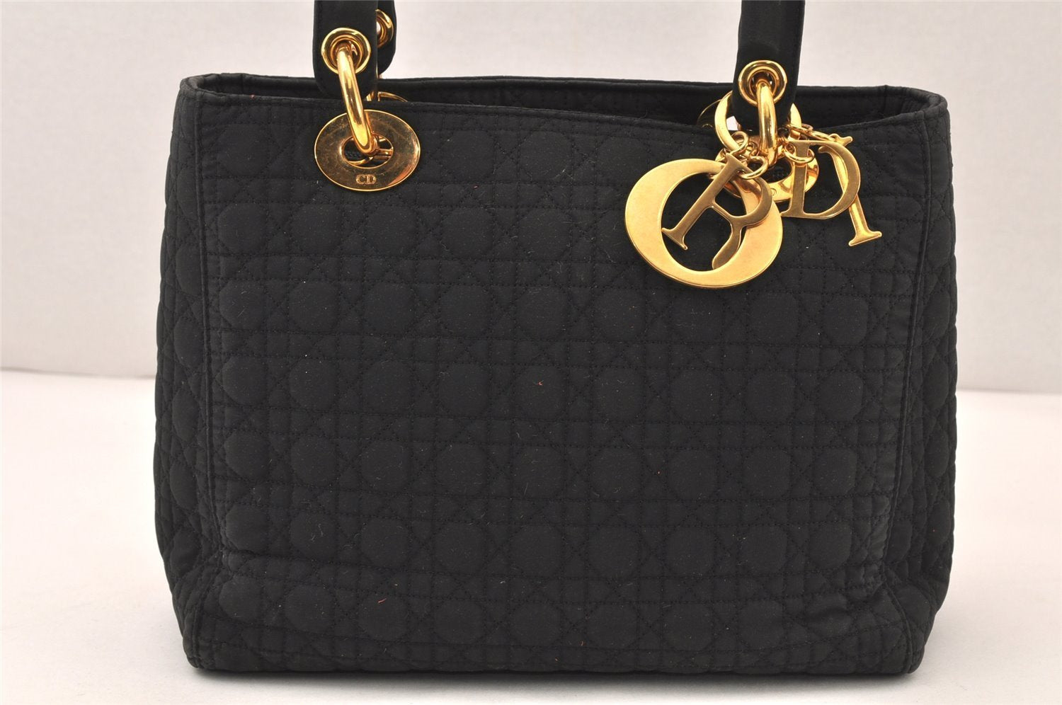 Authentic Christian Dior Lady Dior Canvas Nylon Hand Bag Purse Black CD 5969K
