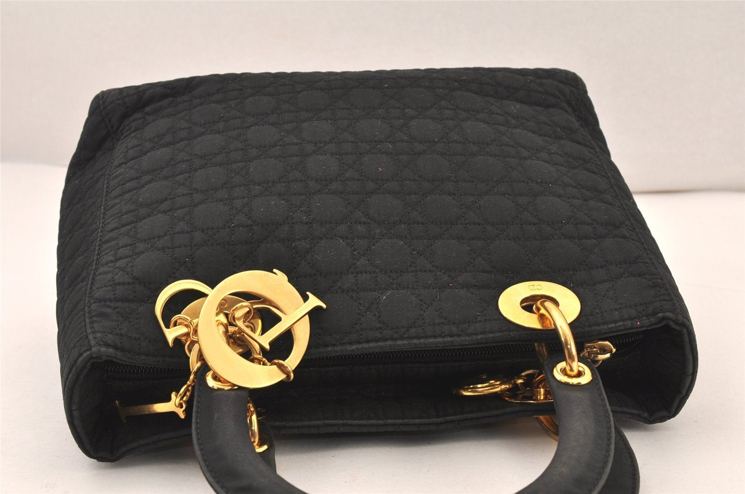 Authentic Christian Dior Lady Dior Canvas Nylon Hand Bag Purse Black CD 5969K