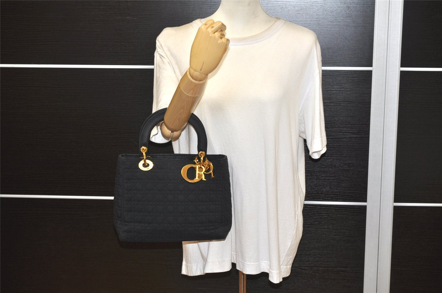 Authentic Christian Dior Lady Dior Canvas Nylon Hand Bag Purse Black CD 5969K