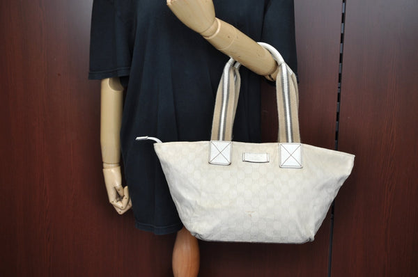 Authentic GUCCI Vintage Shoulder Tote Bag GG Canvas Leather 131230 White 5976H