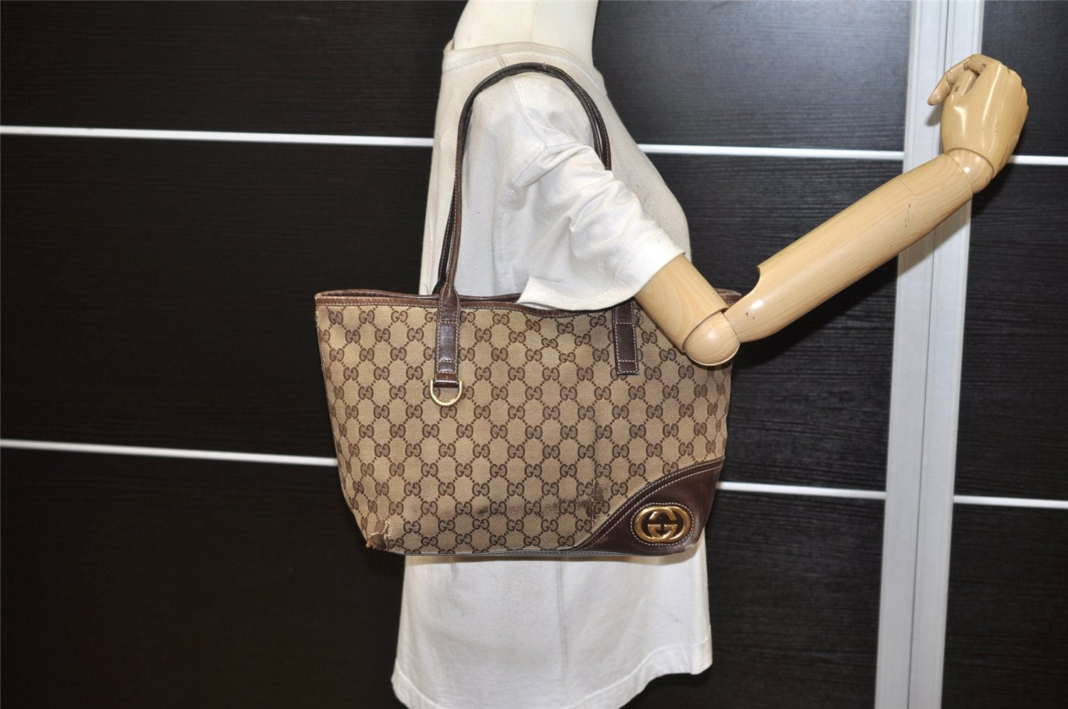 Authentic GUCCI New Britt Tote Bag GG Canvas Leather 169946 Brown Junk 5977K