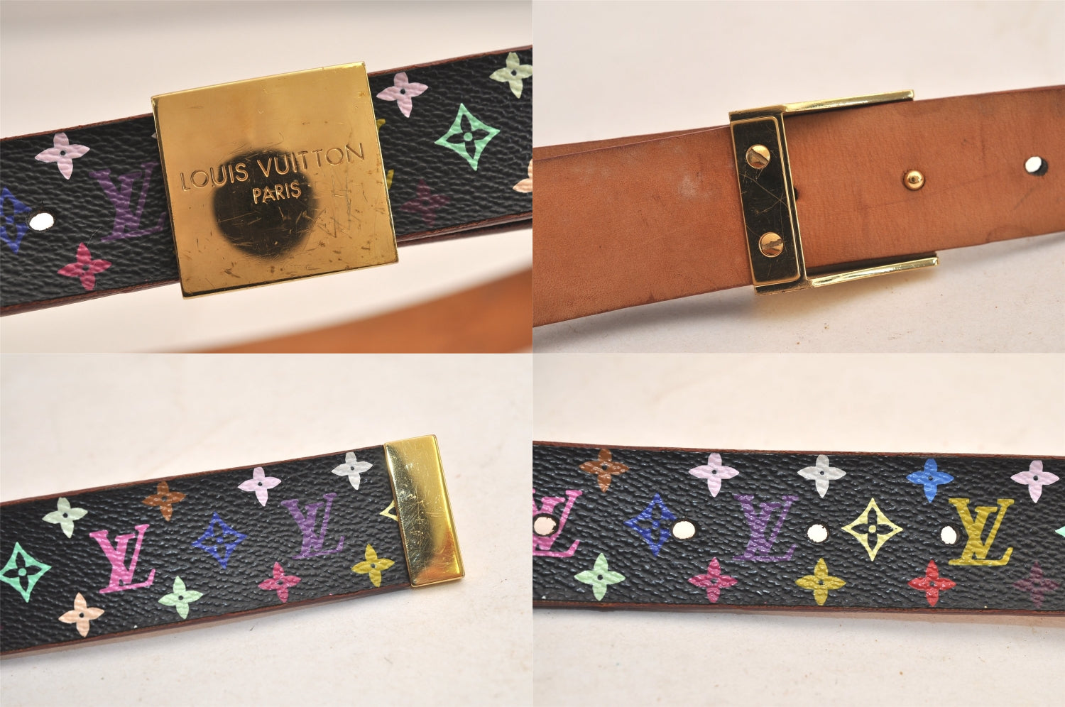Auth Louis Vuitton Monogram Multicolor Ceinture Carre Belt 30.5-34.3