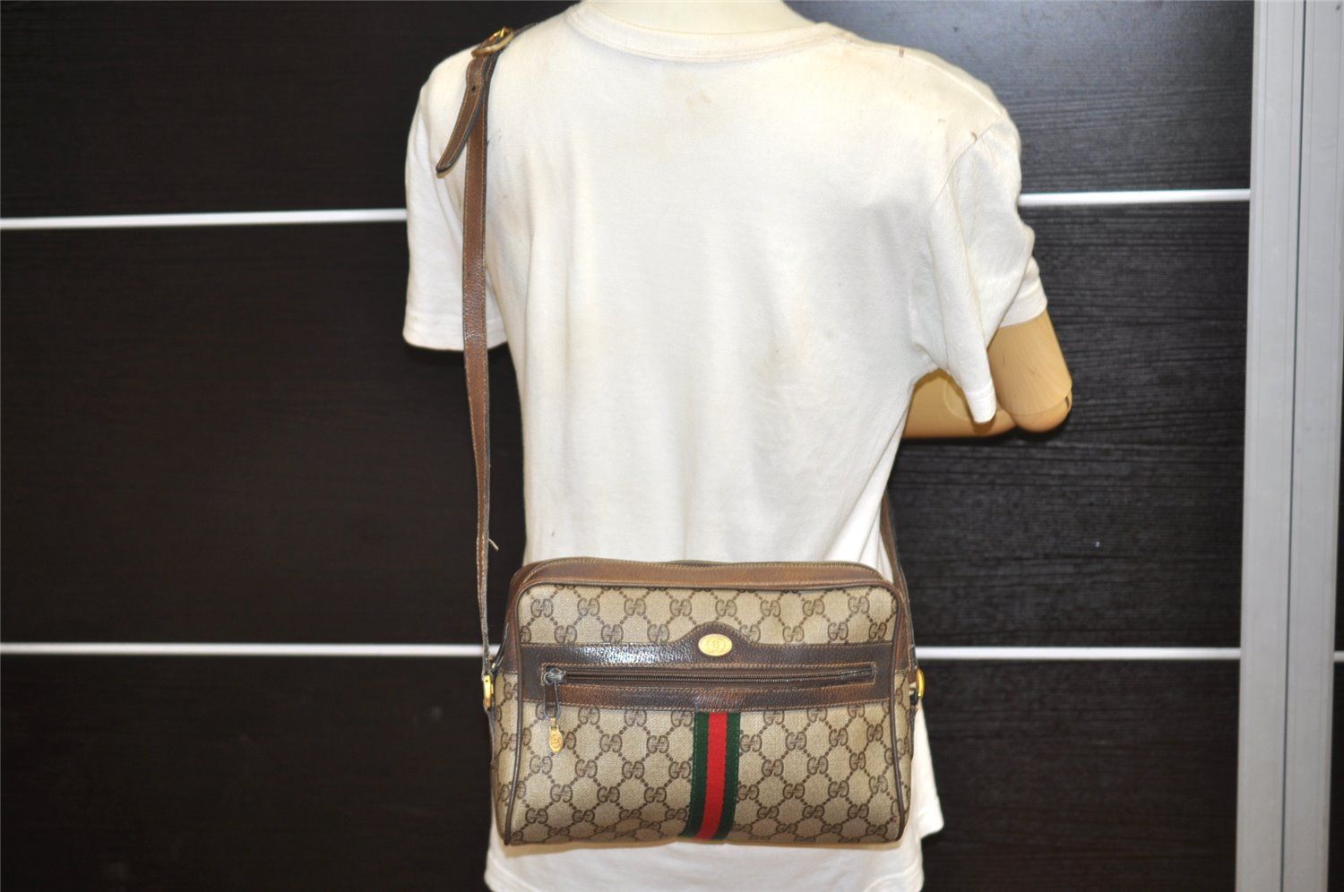 Authentic GUCCI Web Sherry Line Shoulder Cross Bag GG PVC Leather Brown 5978K