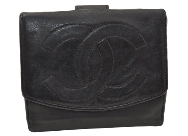 Authentic CHANEL Vintage Calf Skin Bifold Wallet Purse Black CC Logo 5983K