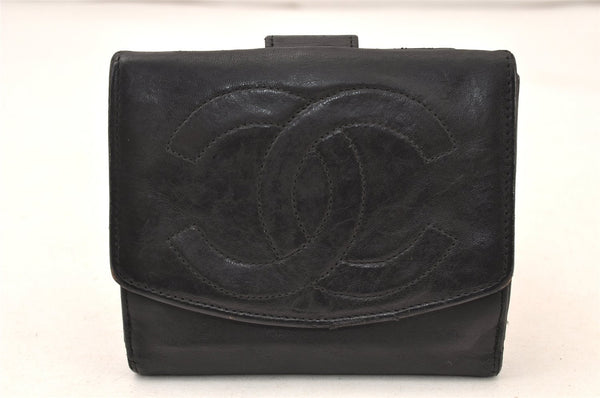 Authentic CHANEL Vintage Calf Skin Bifold Wallet Purse Black CC Logo 5983K