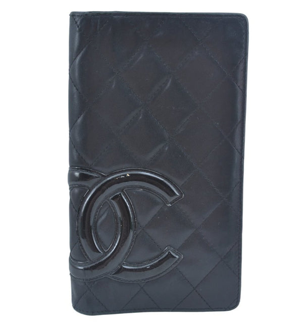 Authentic CHANEL Calf Skin Cambon Line CC Logo Bifold Long Wallet Black 5986J