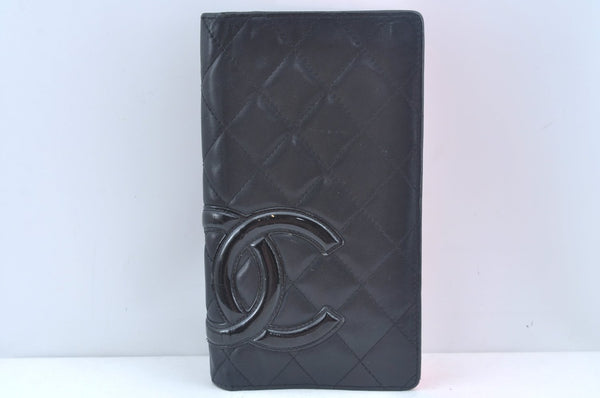 Authentic CHANEL Calf Skin Cambon Line CC Logo Bifold Long Wallet Black 5986J