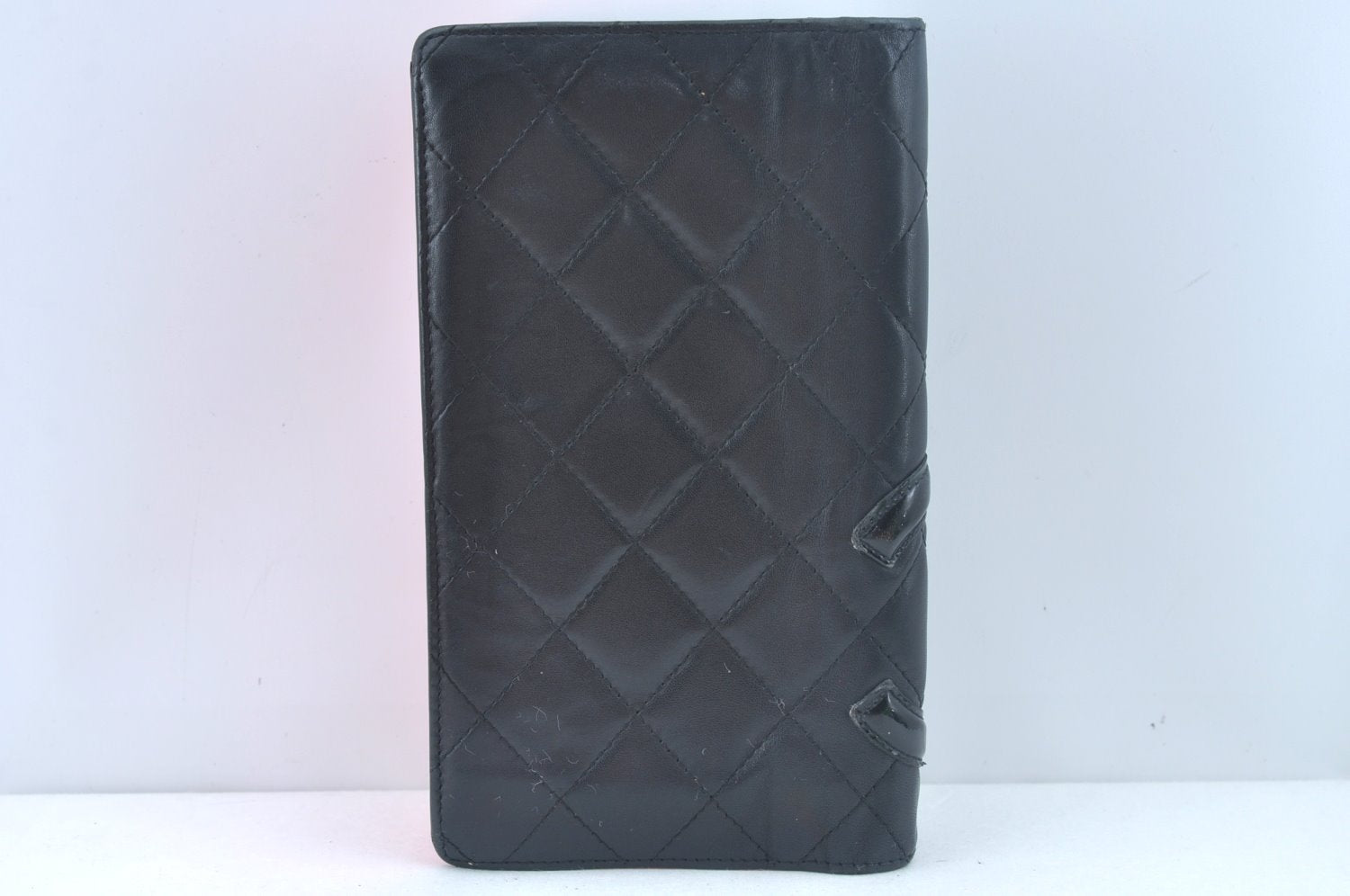 Authentic CHANEL Calf Skin Cambon Line CC Logo Bifold Long Wallet Black 5986J