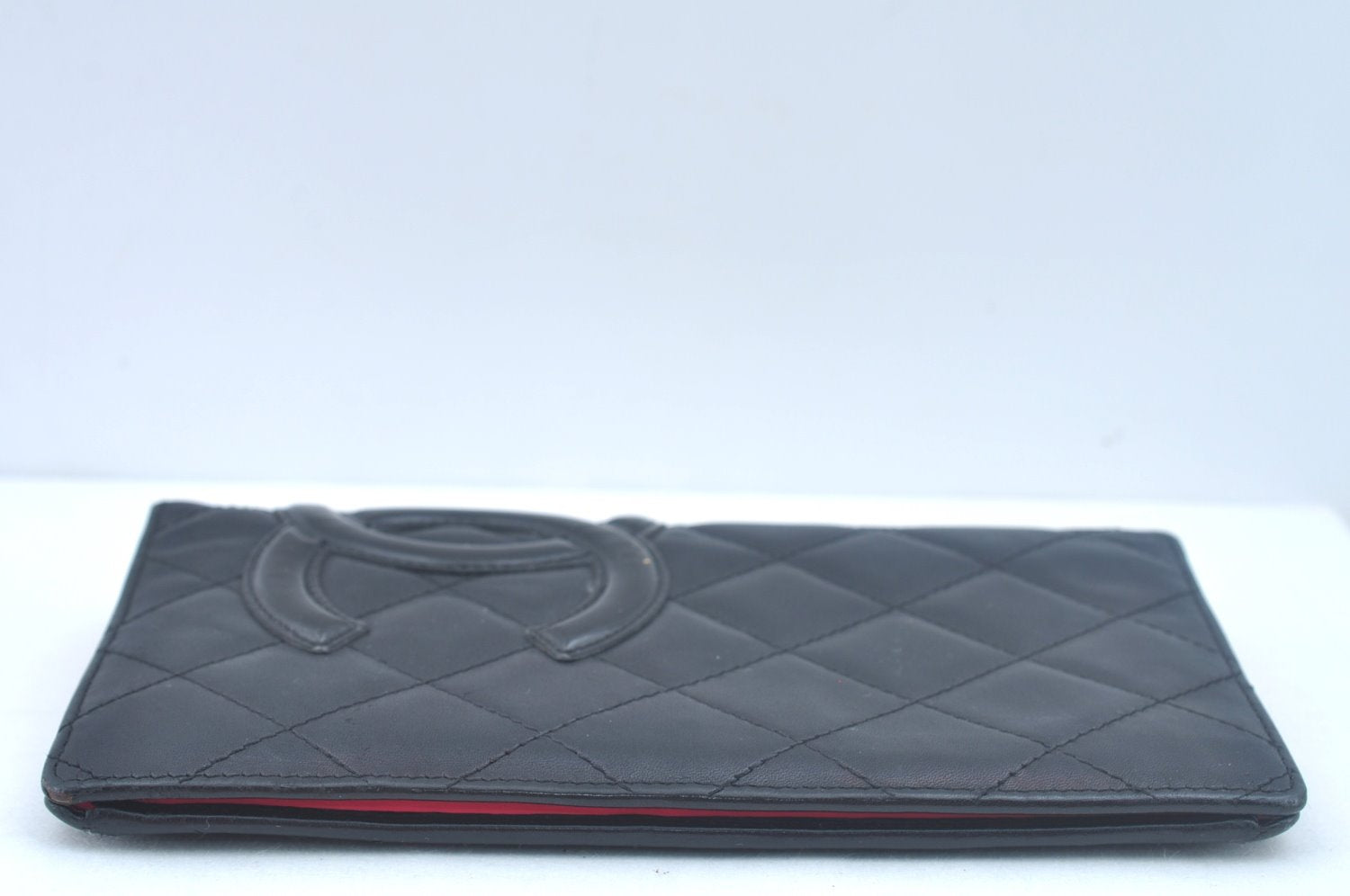 Authentic CHANEL Calf Skin Cambon Line CC Logo Bifold Long Wallet Black 5986J