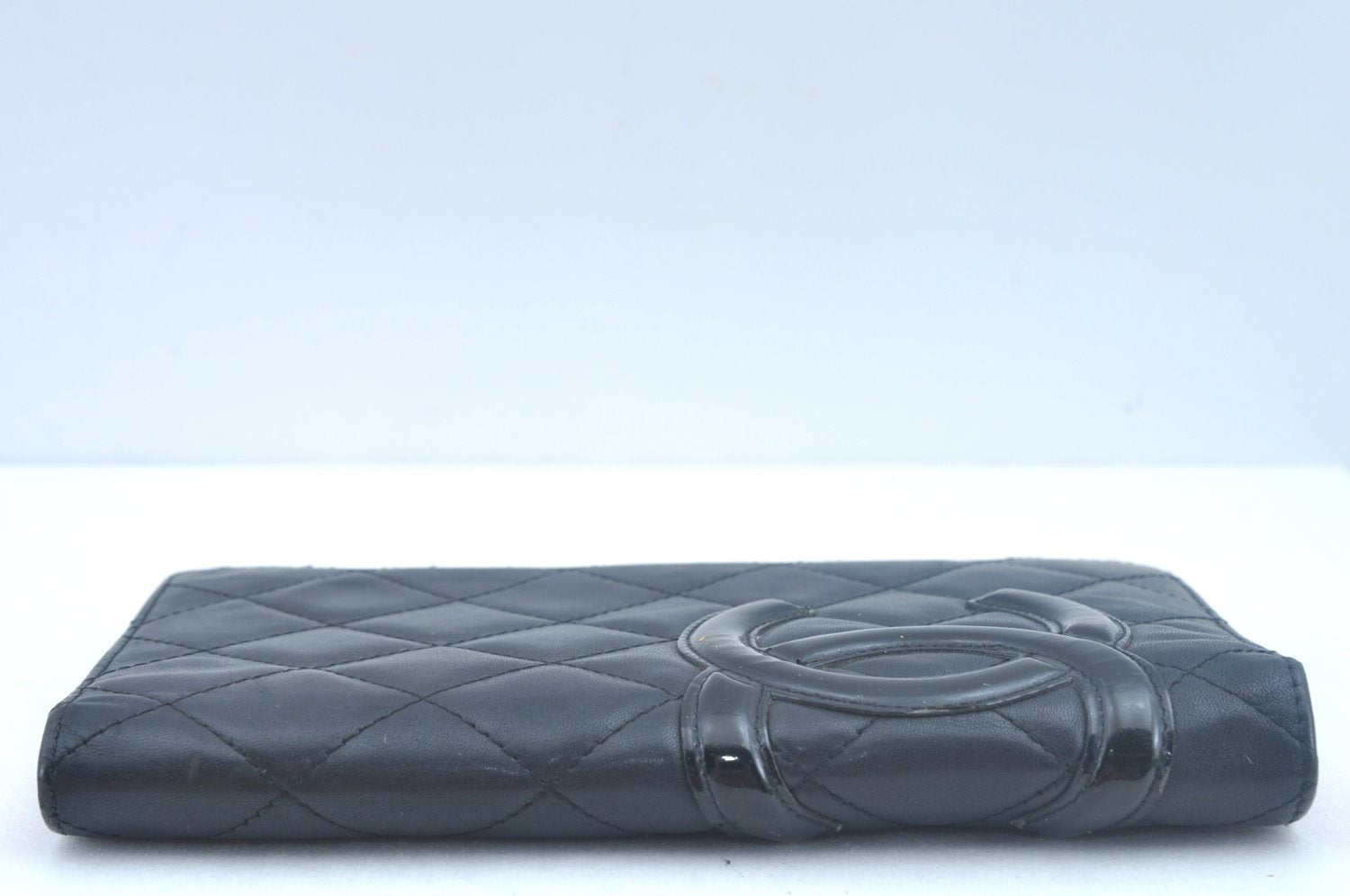 Authentic CHANEL Calf Skin Cambon Line CC Logo Bifold Long Wallet Black 5986J